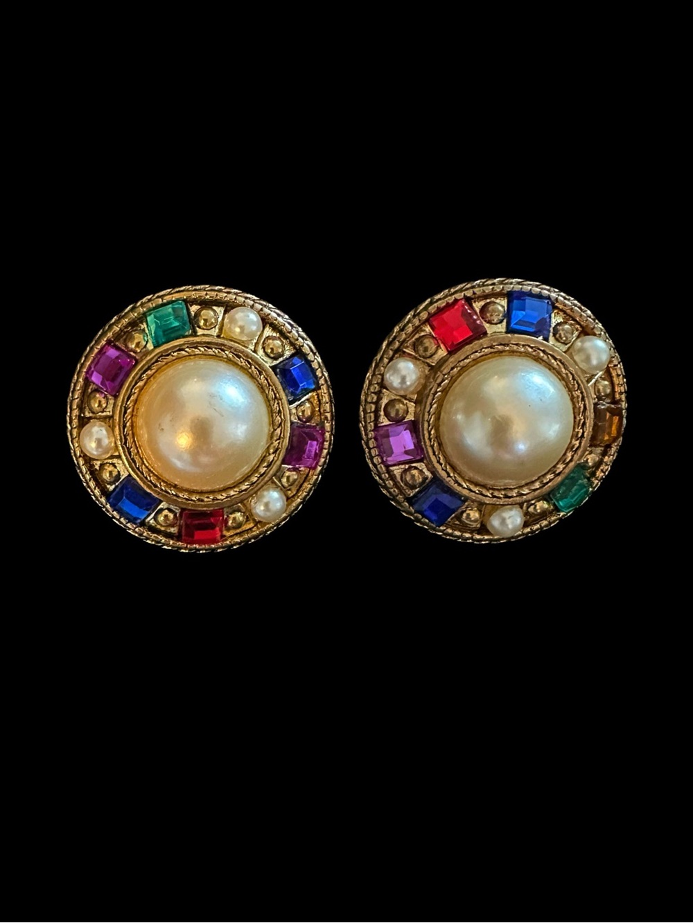 Gold-Tone Multicolor Gem and Pearl Button Earrings